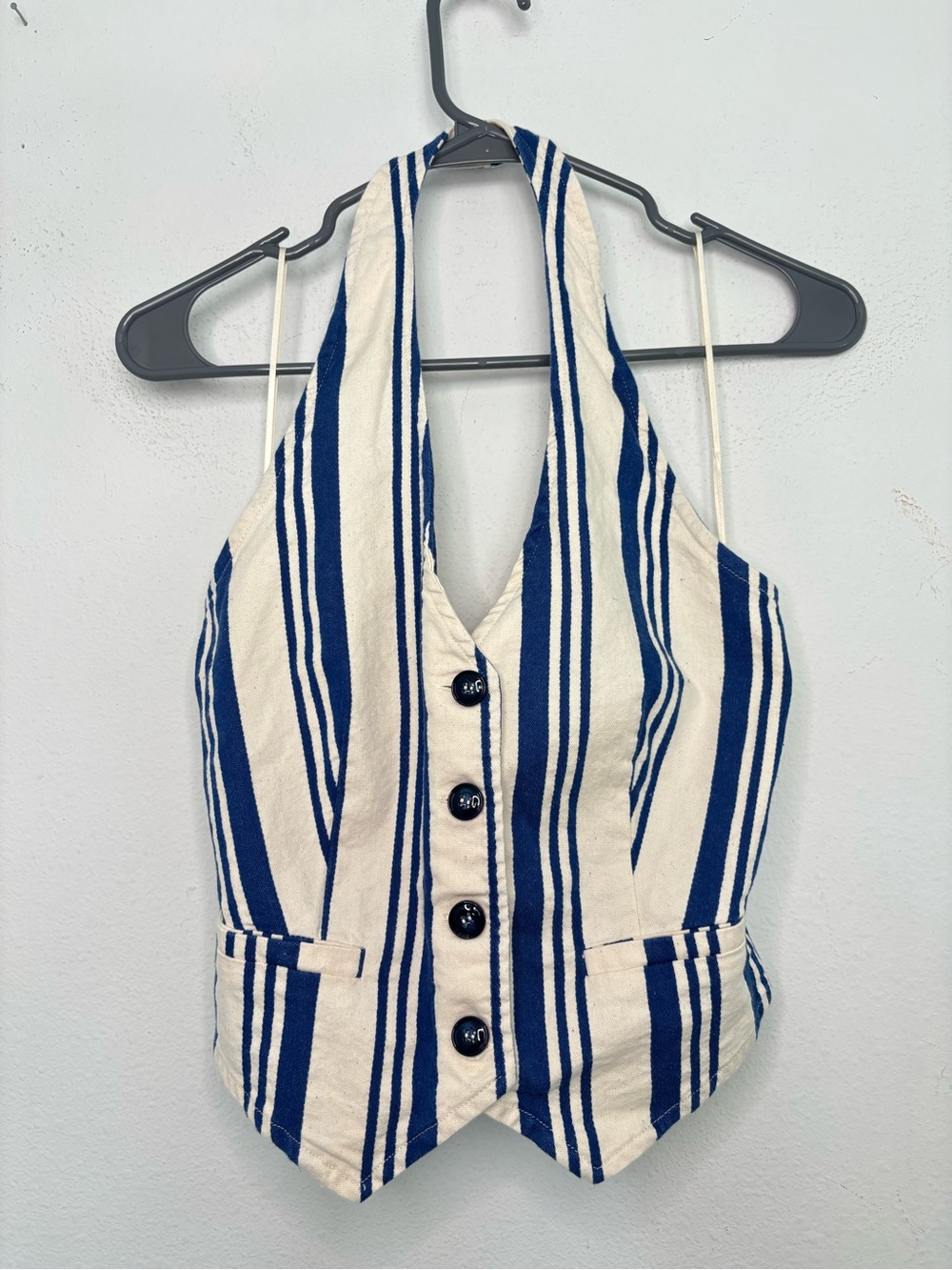 SUGAR LIPS VINTAGE PINSTRIPE HALTER BUTTON UP VEST BLOUSE SZ XS